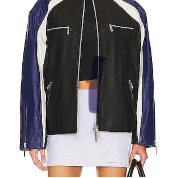 MBD ~ Colorblock Lamb Leather Jacket - Black, White, and Blue - Picture 1 of 6